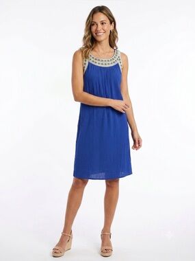 Luxology Royal Blue Embroidered Sleeveless Shift Dress Size Large Boho